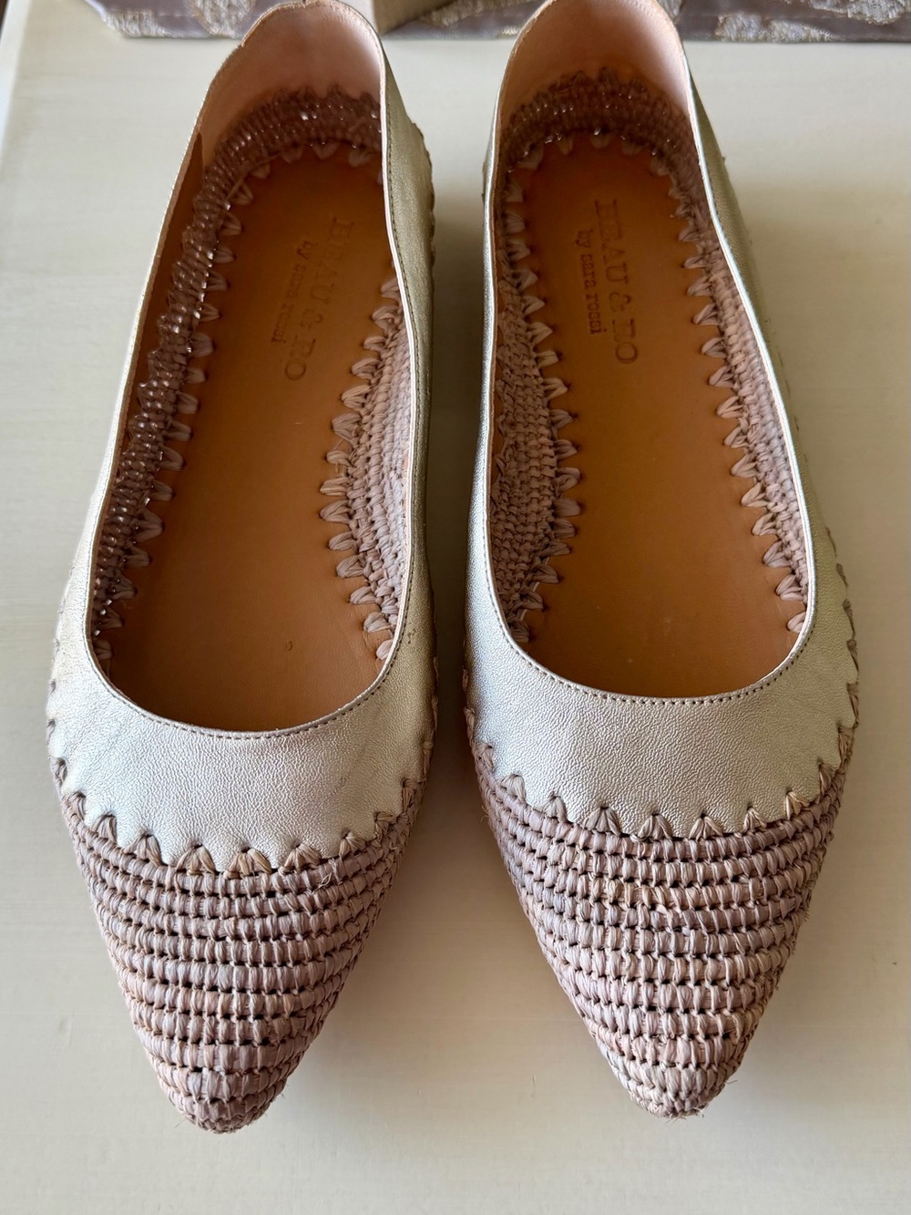 Beau & Ro Handmade Leather Point Toe Raffia Ballet Flats | New in Box